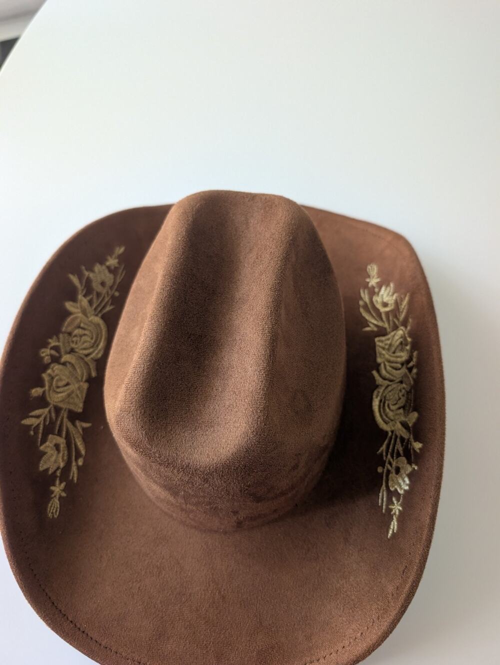 Brown Faux Suede Cowboy Hat Gold Floral Embroidered Western Cowgirl